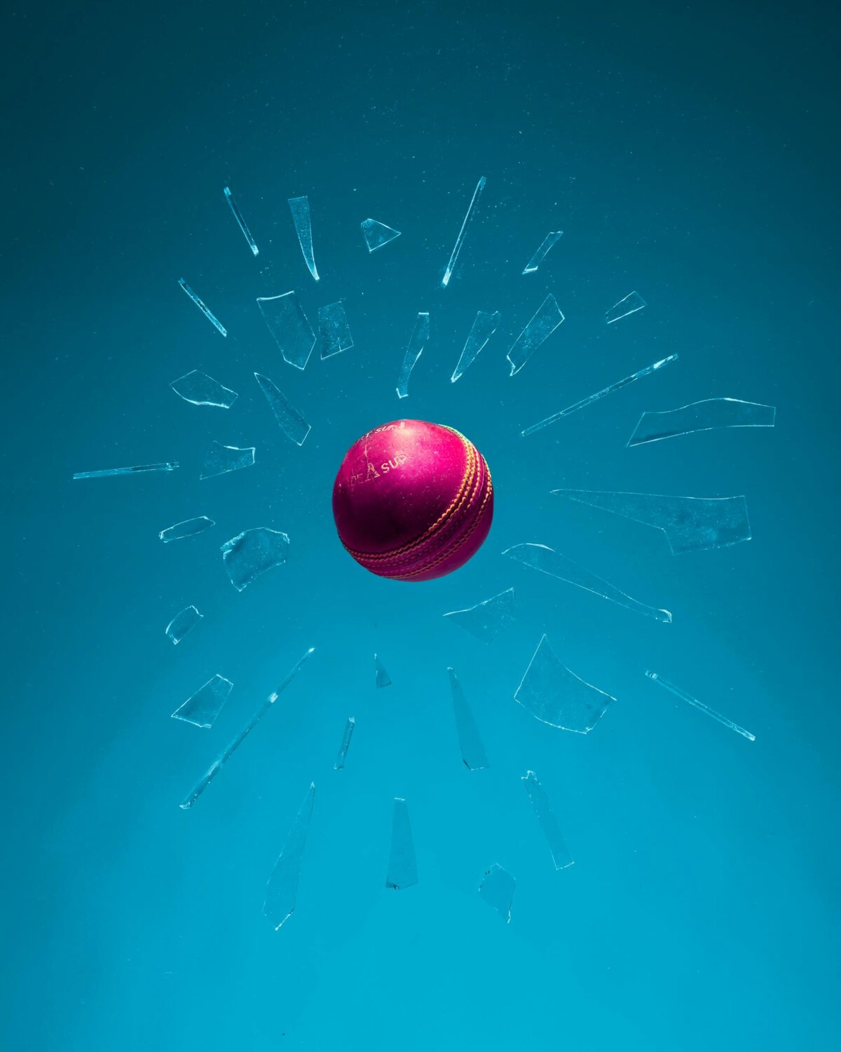 Dynamic shot of a red cricket ball breaking through glass against a teal backdrop.